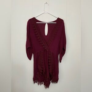 Burgundy/Maroon Lace Trim Detailed Romper
